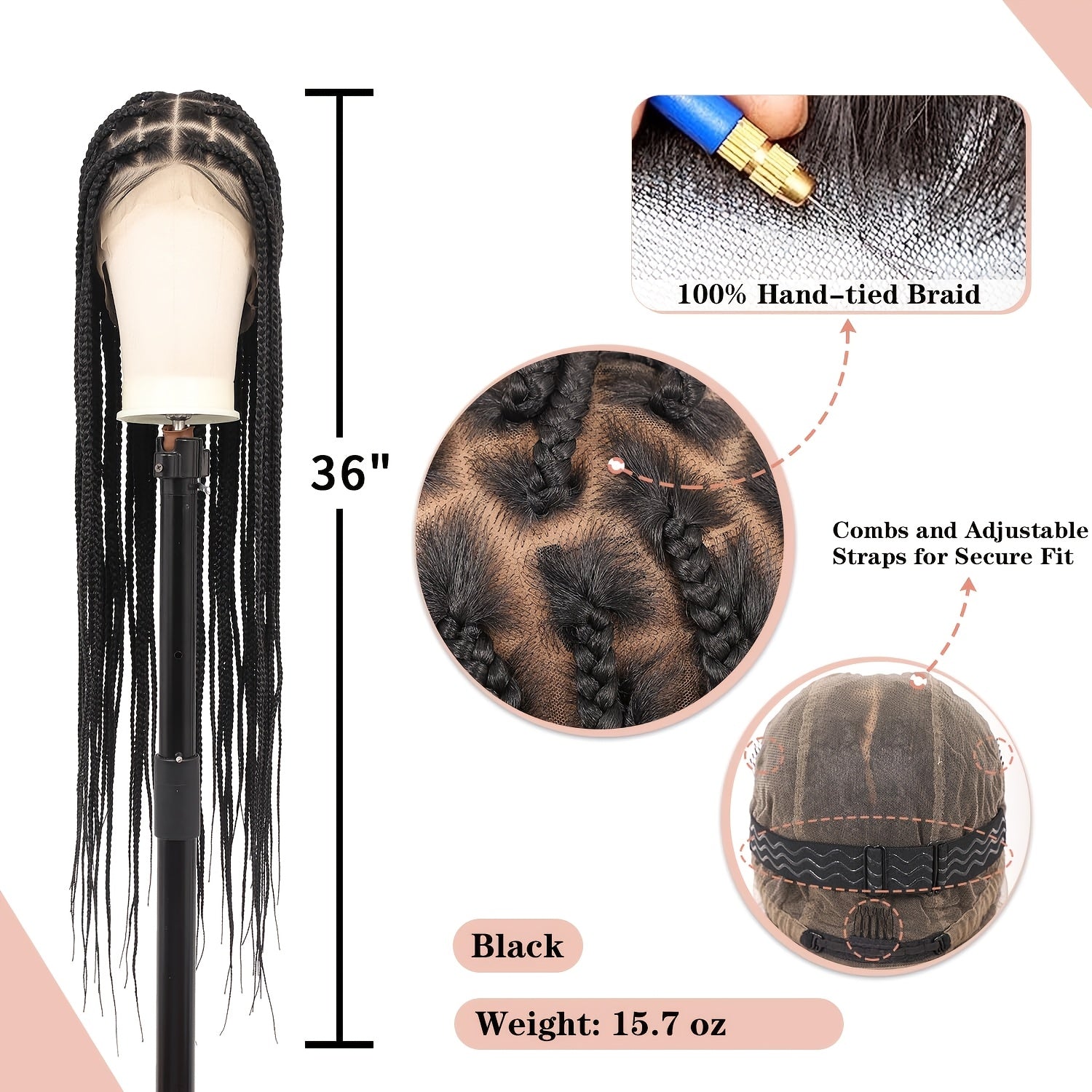 Knotless Braided Wigs Lace Front Box Braids Lace Frontal Wig For Women Synthetic Hair Blended Black Hand Full Double Lace Braid Wig With Bang, Christmas Wig